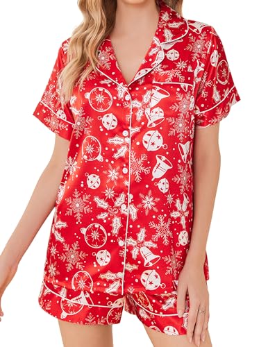 Image of Ekouaer Silk Pajamas for Women Short Sleeve Sleepwear Soft Button Down Loungewear 2 Piece Satin Pjs Shorts Set,Christmas Red,L