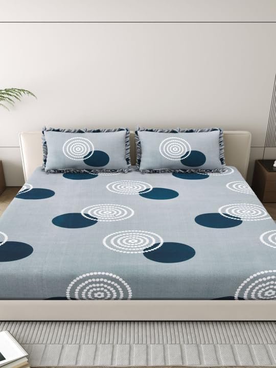Image of King Size Fitted Bedsheet for Double Bed | 300 TC Cotton Feel Microfiber | All Around Elastic with 2 Frill Pillow Covers | Soft & Durable | (GrayGolaFrill, Fitted - 72 x 78 Inch King)