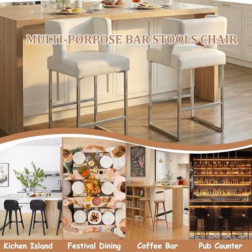 Image of 26 inch H Bar Stools Set of 4 with Back, Faux Leather Counter Height Stools with Footrest, Square Metal Frame, Modern Upholstered Bar Chairs for Kitchen Island /Dining Room, White & Silver Legs