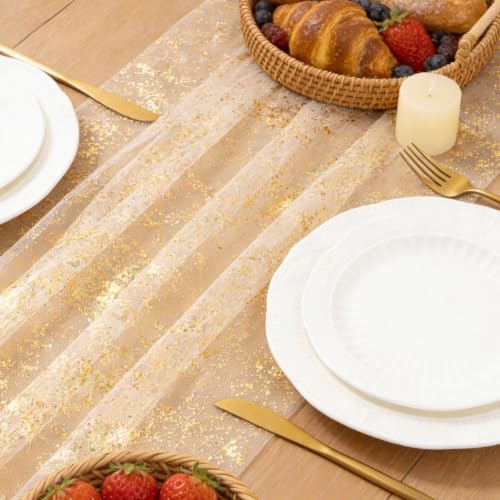 Image of Beige Gold Glitter Table Runner Sheer Gauze Foil Table Runner 120 Inch