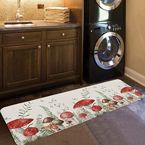 Retro Mushroom Cushioned Antifatigue Kitchen Mats And Rugs,Boho Butterflies Botanical Floral Wildflowers Green Leaves Aesthetic Floor Bath Door Mat Doormat Accent Runner Carpet Comfort Mat 18''X47'' #TOP1