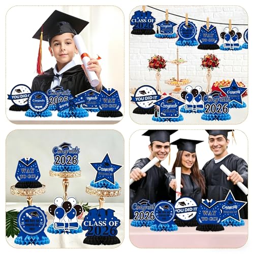 Image of Graduation Decorations 2026, 10PCS Graduation Centerpieces for Table Blue Black Graduation Party Decoration Class of 2026 Congrats Grad Honeycomb Centerpieces Table Decor for Graduation Party Supplies