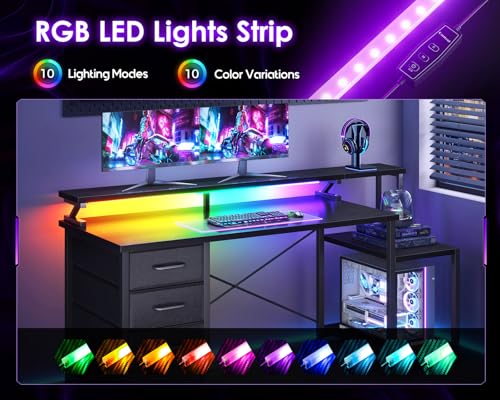 Image of ODK 55 Inch Computer Gaming Desk with LED Lights & 4 Drawers, Home Office Desk with Monitor Stand & Storage Shelves, Black