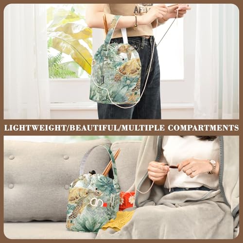 Image of ElliTarr Crochet Bag Yarn Bag with Handle Portable Knitting Project Bag Travel Yarn Storage Organizer Holder Case Sea Turtle Starfish Plants