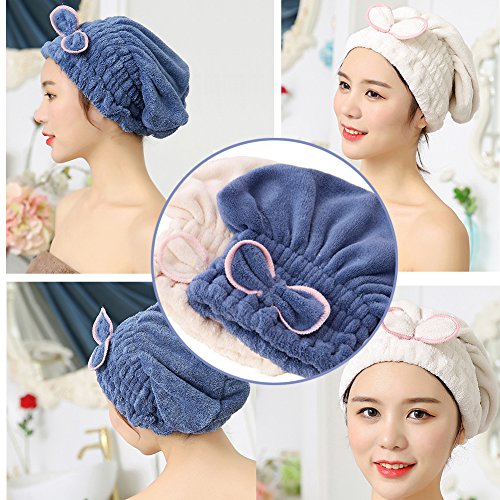 SweetCat 2PC Microfiber Hair Drying Caps, Extrame Soft & Ultra Absorbent, Fast Drying Hair Turban Wrap Towels Shower Cap for Girls and Women (Blue+Beige)… - Thumbnail 2
