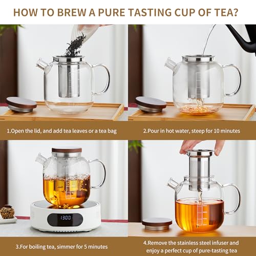 Glass Teapot with Infuser and Lid - 40oz Borosilicate Glass Teapot with Heat-Resistant Handle, Stainless Steel Mesh Infuser for Loose Leaf & Blooming Tea, Stovetop & Microwave Safe - Image 5