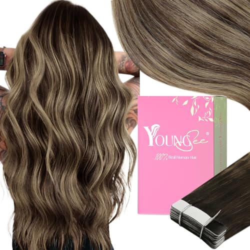 YoungSee Brown Tape in Hair Extensions Human Hair Tape Hair Extensions Full Head Tape-in Hair Extensions Brown Balayage to Caramel Blonde Skin Weft 18inch 50g 20pcs