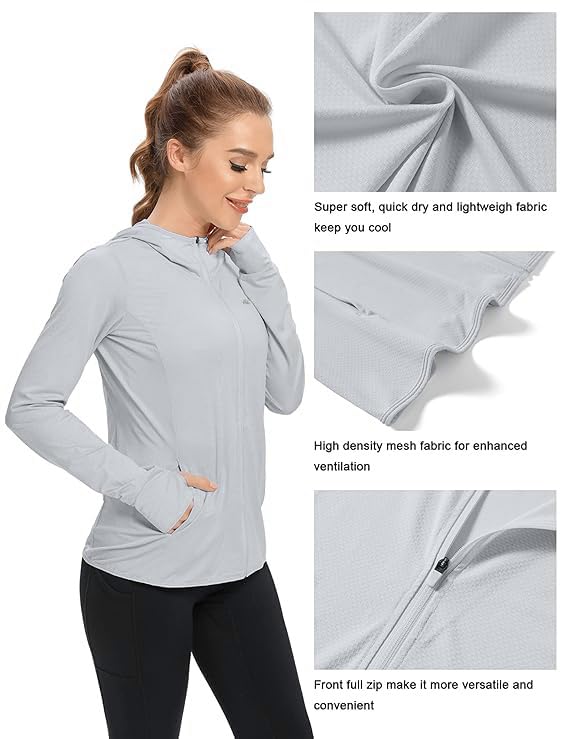 Image of Alexvyan Size-L Full Length Women's UV & Sun Protection Jacket with 4 Pocket, Light weight Summer Screen Hoodie, UPF 50+ Protection for Outdoors, Long Full Zipper Jacket- FIT 50-65 KG (Grey, Hooded)