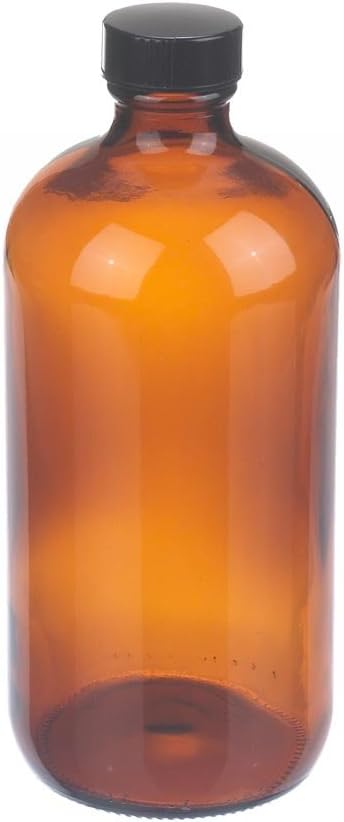 Wheaton W216857 Boston Round Bottle, Amber Glass, Capacity 16oz With 28-400 Black Phenolic Rubber Lined Screw Cap, Diameter 75mm x 168mm (Case Of 12)