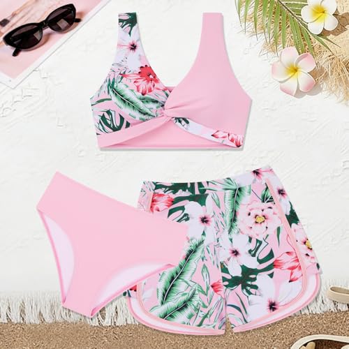 Image of Weixinbuy Girl's 3 Piece Swimsuit Teen Swimwear Tropical Print Twist Cross Bikini Bathing Suit with Cover Up Shorts Size 9-16