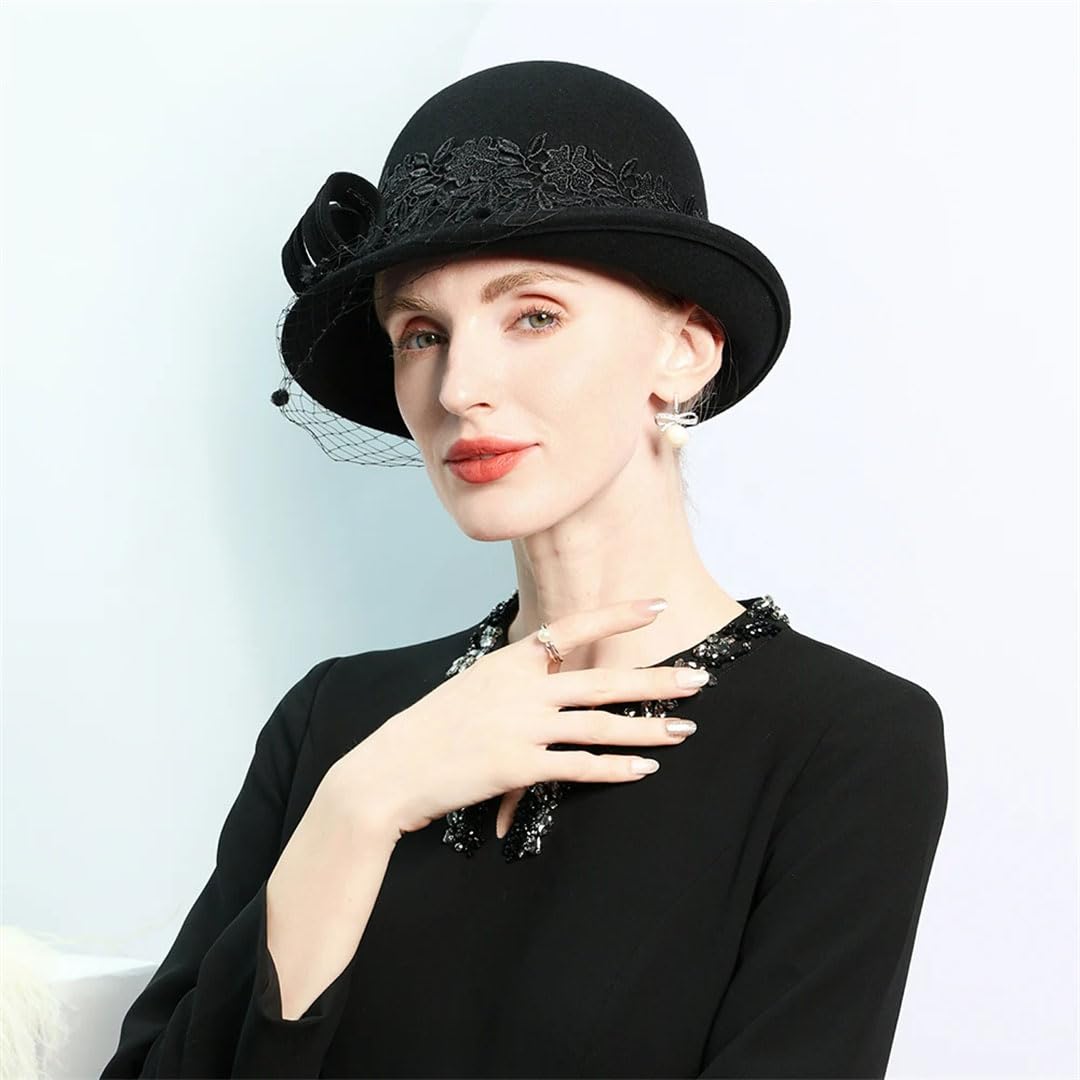 Wvapzxx Elegante cappello a bombetta per le donne inverno feltro di lana Fedora con velo pizzo fiore chiesa matrimonio formale cappello