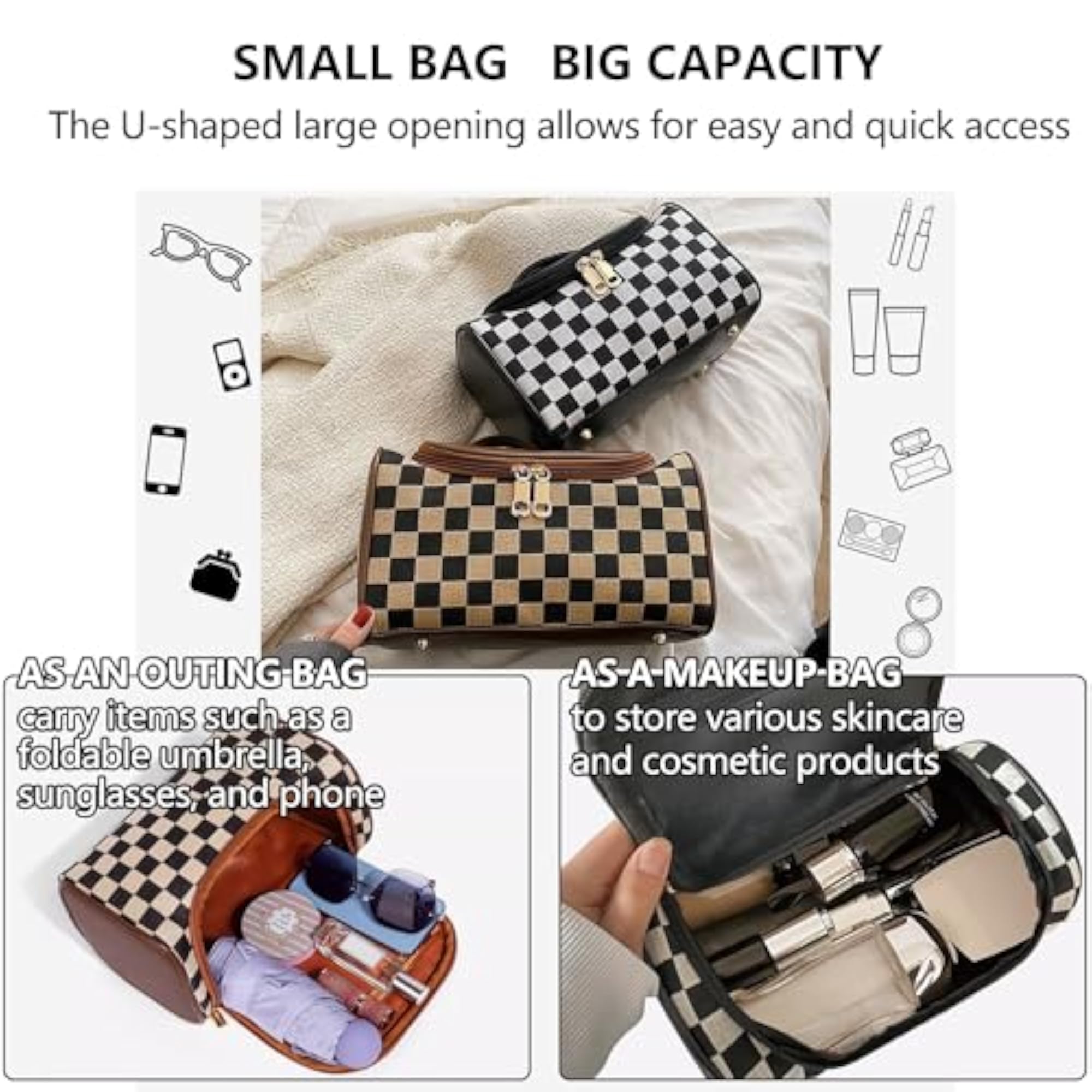 Vintage Makeup Bag for Women, Retro Checkered Organizer