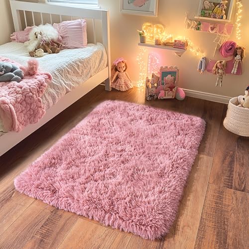 Small Blush Rugs for Bedroom, Fluffy 2x3 Rug Throw Non Slip for Bedside Dorm Kids Room, Plush Comfy Shag Carpet for Home Decor Aesthetic