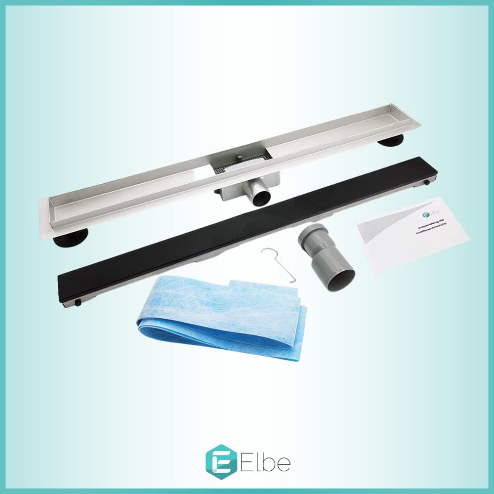 Elbe Canaletta Doccia 100cm in acciaio inossidabile, canalina doccia a pavimento con vetro nero, Piletta drenaggio per bagno RN-K100G