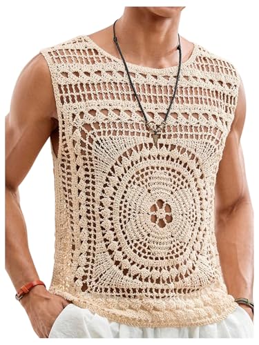 Men's Crochet Sweater Tank Tops Hollow Out Sleeveless Summer Vests Beach Vacation Clothes