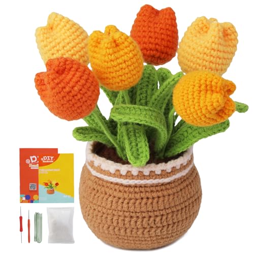Image of kgxulr Crochet Kit, Yellow Tulips Knitting Kit, Crochet Kit for Beginners | Crochet Kit for Beginners, Crochet Flower Kit, Beginner Crochet Kit for Adults with Step-by-Step Video Tutorials