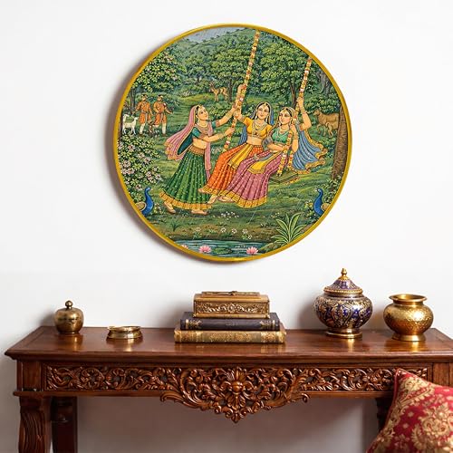 Image of Traditional Indian Village Madhubani Round Framed Wall Art Painting For Living Room | Rajasthani Folk Cultural Pichwai Wall Art Painting With Frame for Home, Bedroom & Office, 16 Inch