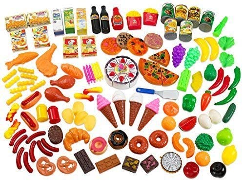 MEDca Kids Play Food Set - 130 Piece Pretend Play Food Collection - Assorted Fake Food Set Includes Fruits Vegetables Snacks Dessert Juices Canned Goods and More for Boys and Girls