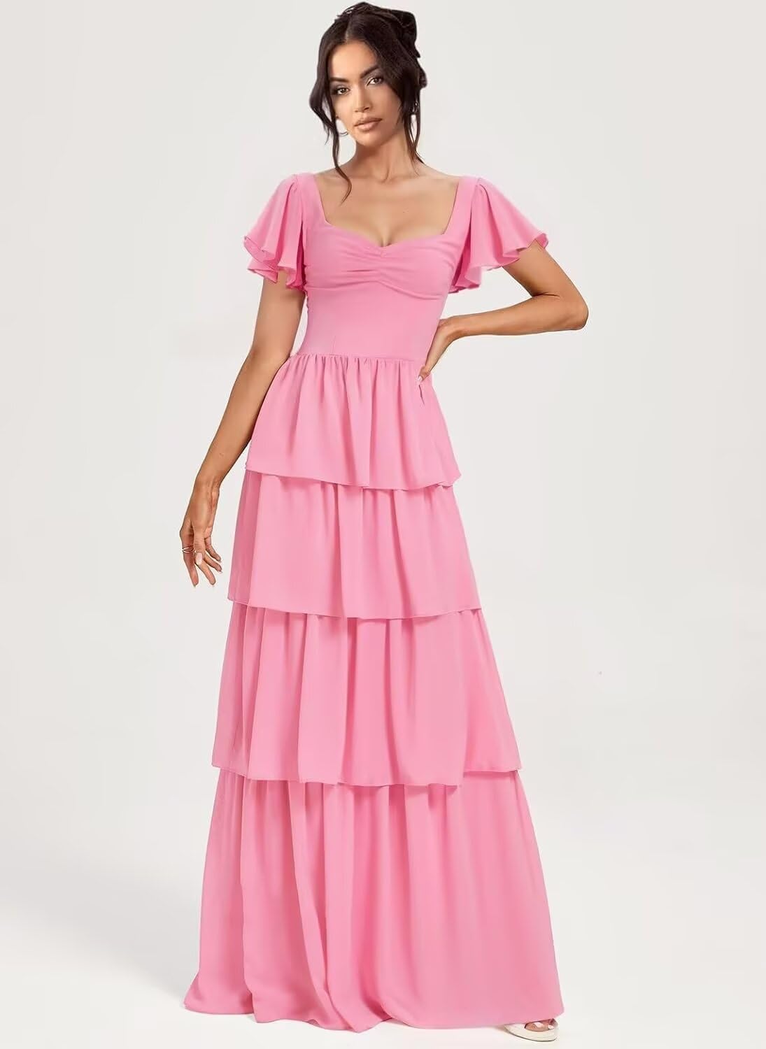 Kurzarm Chiffon Abendkleider Elegant für Hochzeit,Gestufte A-Linie Brautjungfernkleider Lang für Damen Maxi Beach Festliche Kleider für Hochzeitsgäste