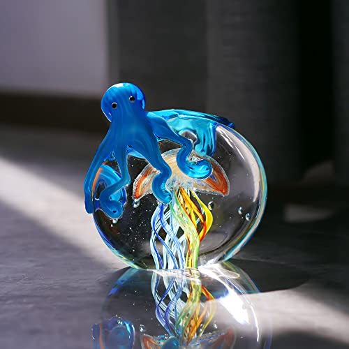 Qfkris Colorful Octopus And Jellyfish Collectible Figurines Handmade Glass Paperweight Ornament Sea Animal Artwork Sculpture Home Aquarium Decor Gift Craft Decoration(5.3Inch) #TOP2