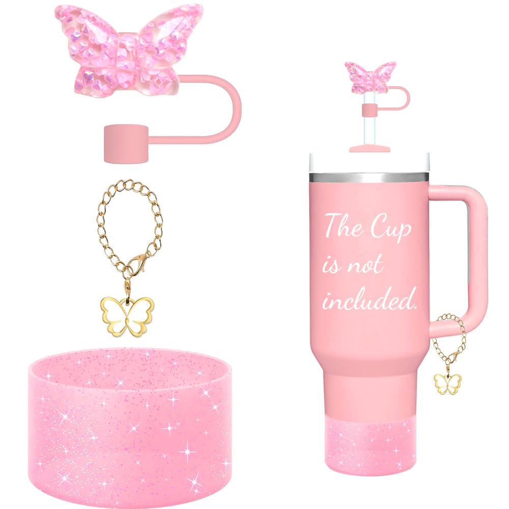 3 Pieces Accessories for Stanley Cup，Butterfly Chain for Stumbler with Handle, Silicone Boot and Straw covers Stuff Decor Water Bottle Jewelry Tumbler