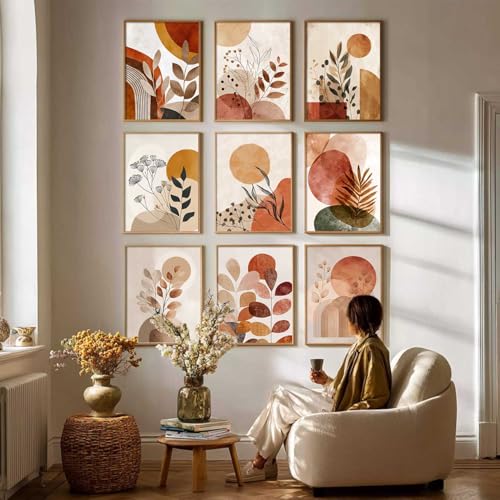 Image of kotart Aesthetic Boho Floral Painting Wall Art Home Decoration | Abstract Floral Aesthetic Paintings With Frame For Living Room Bed Room Hotel Wall Decor Digital Reprint Set of 9 (13X17 inch)