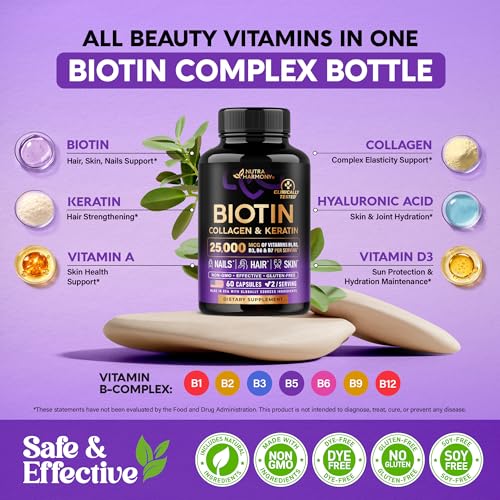 Image of Biotin | Collagen | Hyaluronic Acid | Keratin - Hair Growth & Strength Support Vitamins - Skin & Nails Supplement - Clinically Tested for Men & Women - 25000mcg Vitamins B1, B2, B3, B6 & B7 - 60 Caps