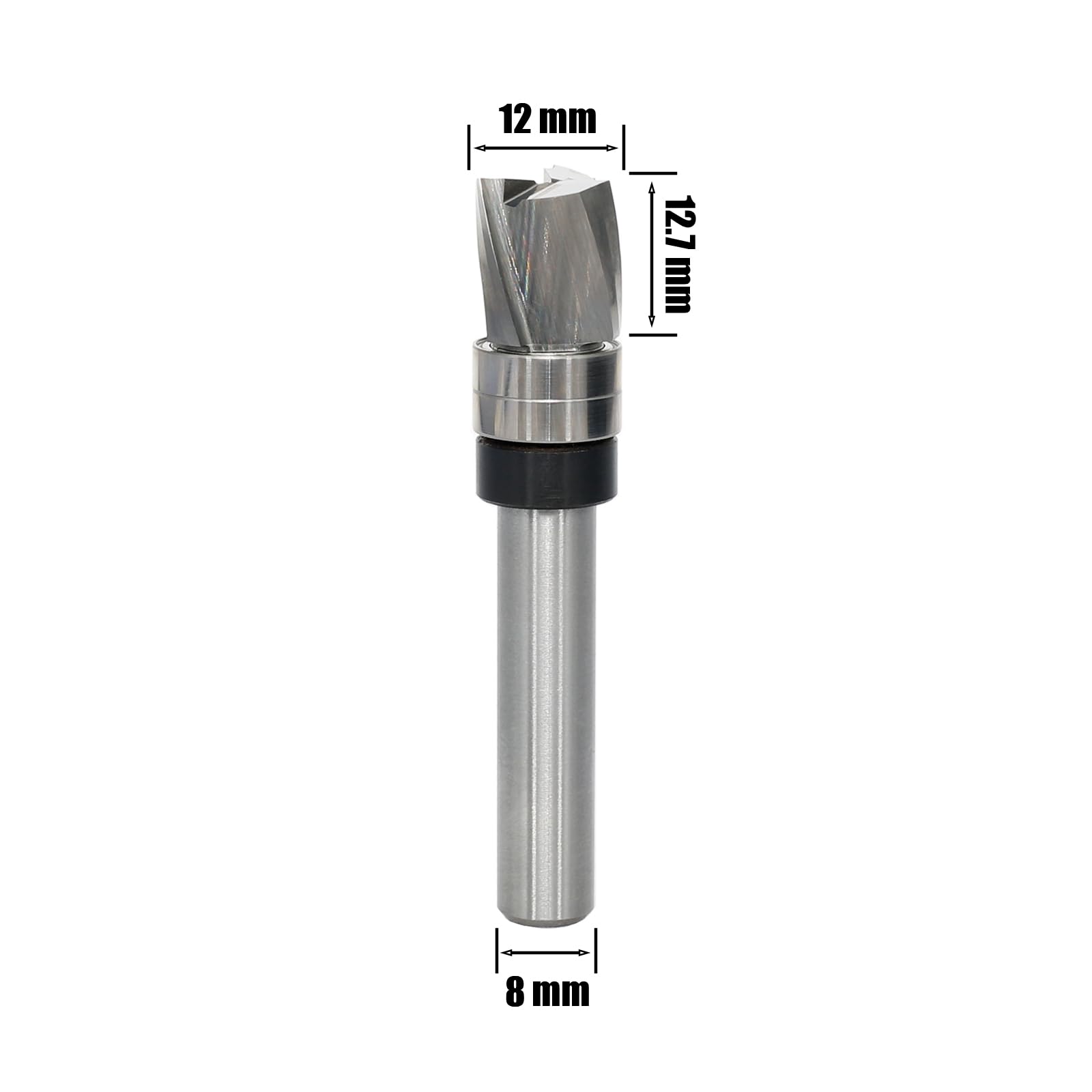 Fresa de enrasado en espiral de 8 mm, corte en espiral para fresadora superior, diámetro de corte de 12 mm, longitud de corte de 12,7 mm, ranura en espiral, rodamiento de bolas inferior para