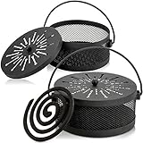 Elsjoy 2 Pack Mosquito Coil Holder with Lid and Handle, Portable Incense Coil Burner Metal Mosquito Incense Holder for Indoor & Outdoor Camping, 5.6' Diameter, Black