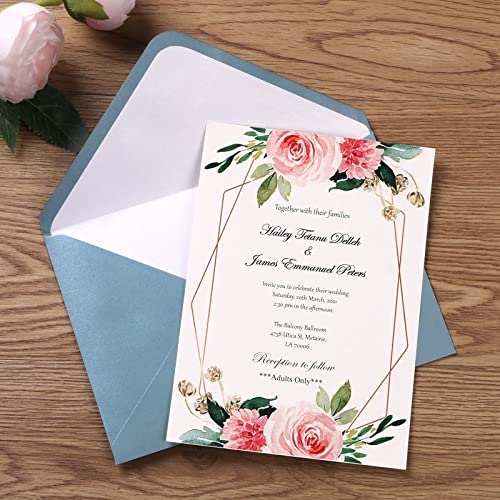 Ponatia 50 Pieces/Lot A7 Envelopes, 5.25 X 7.5 Inches Dusty Blue Envelopes Perfect For 5X7 Weddings Invitation Cards, Graduation Invite (Pearl White Liner + Dusty Blue) #TOP1