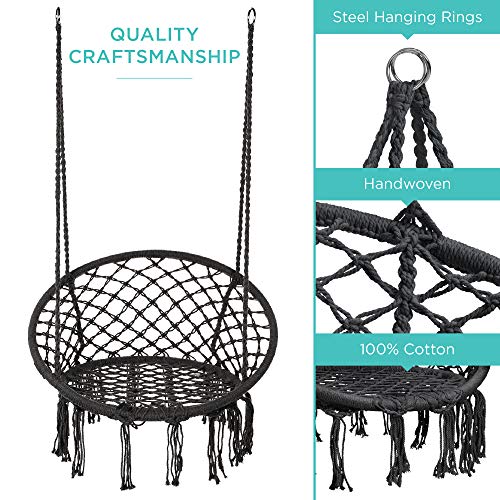 Best Choice Products Handwoven Cotton Macramé Hammock Hanging Chair Swing For Indoor & Outdoor Use W/Backrest, Fringe Tassels, 265 Pound Capacity - Black #TOP4