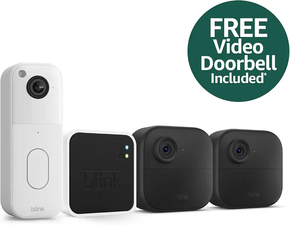 Blink Outdoor 4 (2pk System) + FREE Blink Video Doorbell (White) | Wireless HD Smart Security Bundle | Two-Year Battery Life | DIY Install | Two-Way Talk | Motion Detection | Sync Module 2 Included