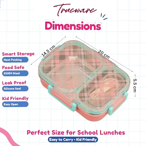 Image of Trueware Cool Touch 304 Stainless Steel PU Insulated Lunch Box with Two Compartment BPA Free, Food Grade Ideal for School, Picnic, Office & Outdoor - 540ml