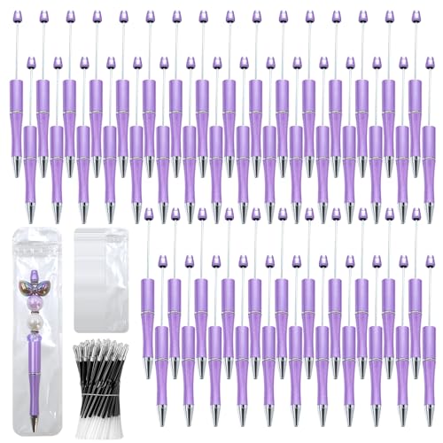 DASTTUIS 300 Pieces DIY Beadable Pen Kit – 100 Plastic Ballpoint Pens with Refills & Bags – School Supplies, Office Accessories & Decorative Items for Students & Teachers (Purple)