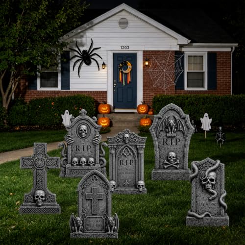 Graveyard Halloween Tombstones Decorations Outdoor: 6 Pcs Large Tombstone Halloween Yard Signs with Stakes, Realistic Scary Skeleton RIP Gravestones Lawn Cemetery Halloween Decor Front Lawn Garden Haunted House Props - image 8