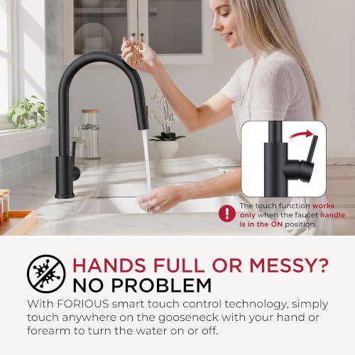 Image of FORIOUS Black Touch Kitchen Faucet with Pull Down Sprayer, Single Hole Kitchen Sink Faucet with Deck Plate, Touch Activated, Single Handle High Arc Stainless Steel, Fit for RV Bar Farmhouse Laundry