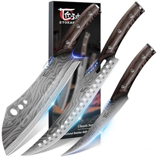 SYOKAMI Fleischermesser Set, 3-teilig, Küchenmesser zum Schneiden von Fleisch, Hackmesser, Ausbeinmesser & Zerlegemesser, Japanischer Stil aus...