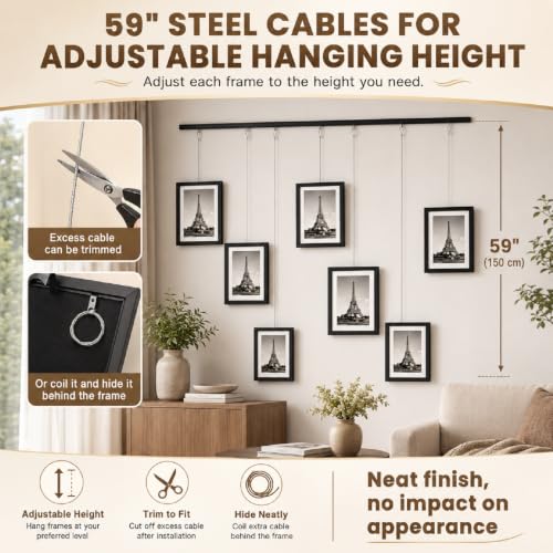 Image of Lineshading Gallery Wall Frame Set of 9,Hanging Photos Display Bulk, Black | Adjustable Picture Rail Hanging System, Wall Decoration with Mat,holds 8x10 and 4x6 sizes, mounting hardware included