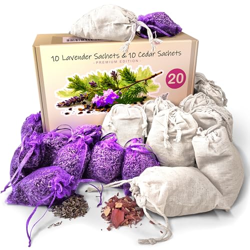 Vivenzia 20 Pack Cedar Sachets & Lavender Sachets for Drawers and Closets – Cedar Chips for Clothes Storage & Dried Lavender Sachets - Drawer Fresheners for Dresser. Closet Deodorizer.