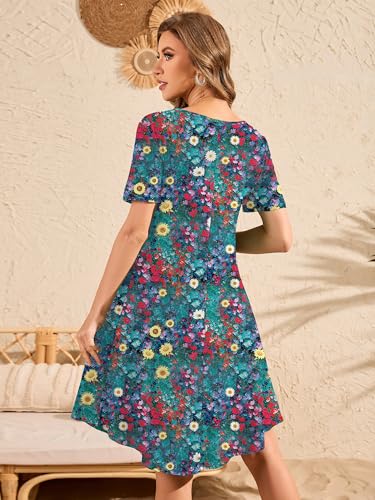 Image of DEARCASE Summer Dresses for Women V-Neck Short Sleeve T Shirt Dress Casual Flowy Swing Beach Vacation Mini Sundress