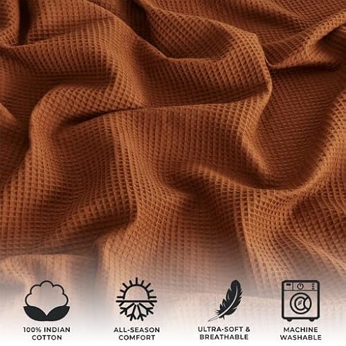 Great Bay Home 100% Cotton Terracotta Waffle Weave King Blanket | Lightweight And Breathable | Soft Versatile Dark Orange Bed Blanket | Perfect For Layering Cotton Blanket | Hazel Collection #TOP1