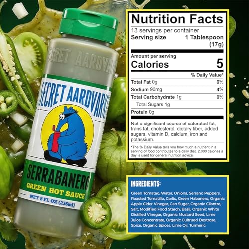 Image of Secret Aardvark Serrabanero Green Hot Sauce, Non-GMO, 8 fl oz | Serrano Habanero Tomatillo Marinade, Low Sugar, Low Carb, Vegan, Dairy-Free, No HFCS, For Tacos
