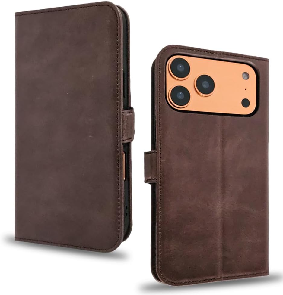 Compatible with iPhone 17 Pro Max Wallet-Style Genuine Leather flip Phone case, Card Holder and Folding Stand, Dual Magnetic Clasp, Shockproof Protection (Dark Brown)