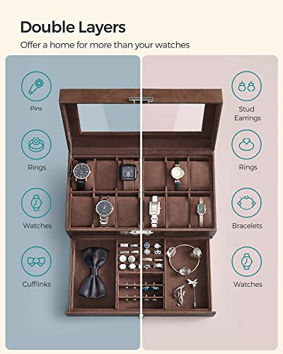 Songmics 12-Slot Watch Box, Lockable Watch Case With Glass Lid, 2 Layers, With 1 Drawer For Rings, Bracelets, Gift Idea, Brown Synthetic Leather, Brown Lining Ujwb012K01 #TOP3