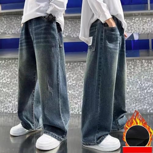 Boys Fleece Lined Jeans Kids Casual Straight Leg Jeans Elastic Waist Denim Pants with Pockets Fall Winter 4-12 Years2
