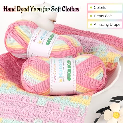 Image of Katech 1OO% Ombre Cotton Yarn for Crocheting - 2 Sport Weight Baby Yarn for Knitting - 6 Pcs of 50g(1.76oz) /160m(175yd), Fine Soft Multicolor Yarns for Baby Blankets, Afghans, Shawls, Dress, Hats (B)