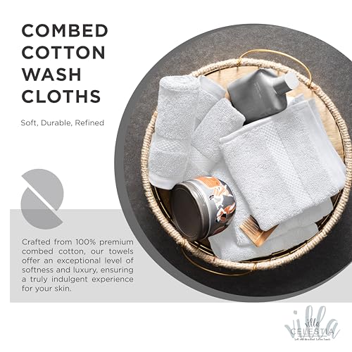 Image of Villa Celestia Cotton Washcloths Set of 12, 12x12 Inch, 100% Ring-Spun Combed Cotton, Soft Absorbent Quick-Dry Wash Cloths for Face and Body, Oeko-TEX Certified, Hotel & Spa Quality, White