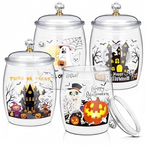 Nuogo 4 Pcs 64 oz Halloween Candy Jar Ghost Candy Jar Plastic with Airtight Lid 8 Pcs...