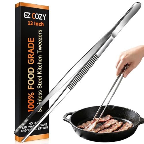 Kitchen Tweezers 1PC Cooking Tongs, Stainless Steel Food-Grade 12\" Long Tweezers, Professional Heat Resistant Kitchen Utensils for Chef, Baking, Salad, Dishwasher Safe & Anti-Slip Grip Kitchen Tools