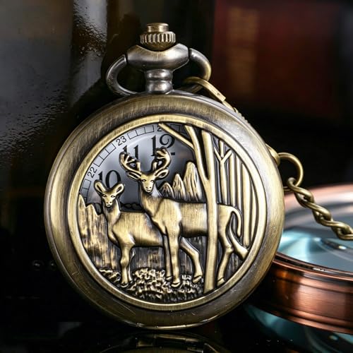 Image of Deer Pocket Watch for Men Pocket Watches with Chain Gift for Father's Day | Vintage Deer Case Pocket Watch Mens Quartz Watches with Chains Christmas Graduation Birthday Gifts Fathers Day